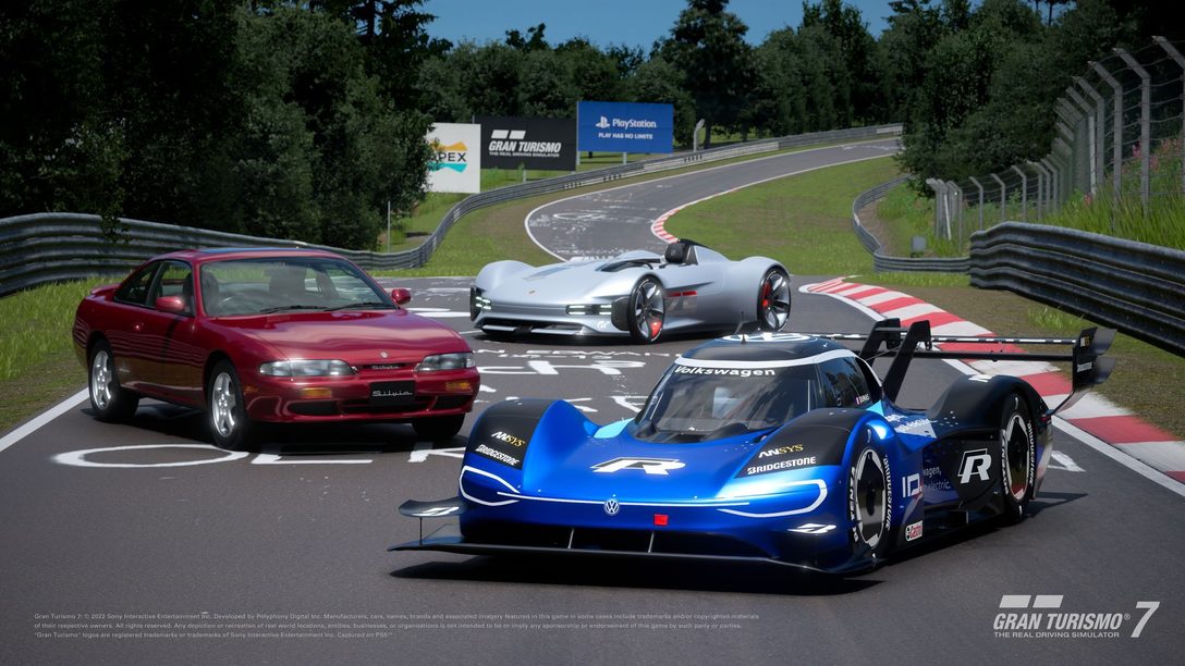 Update 1.23 für Gran Turismo 7 mit den Neuzugängen Porsche Vision GT Spyder, Volkswagen ID.R und Nissan Silvia K‘s Type S